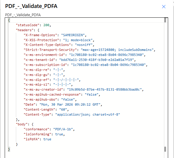 Validate PDFA output in Power Automate showing conformance result with IsConforming and IsPdfA flags